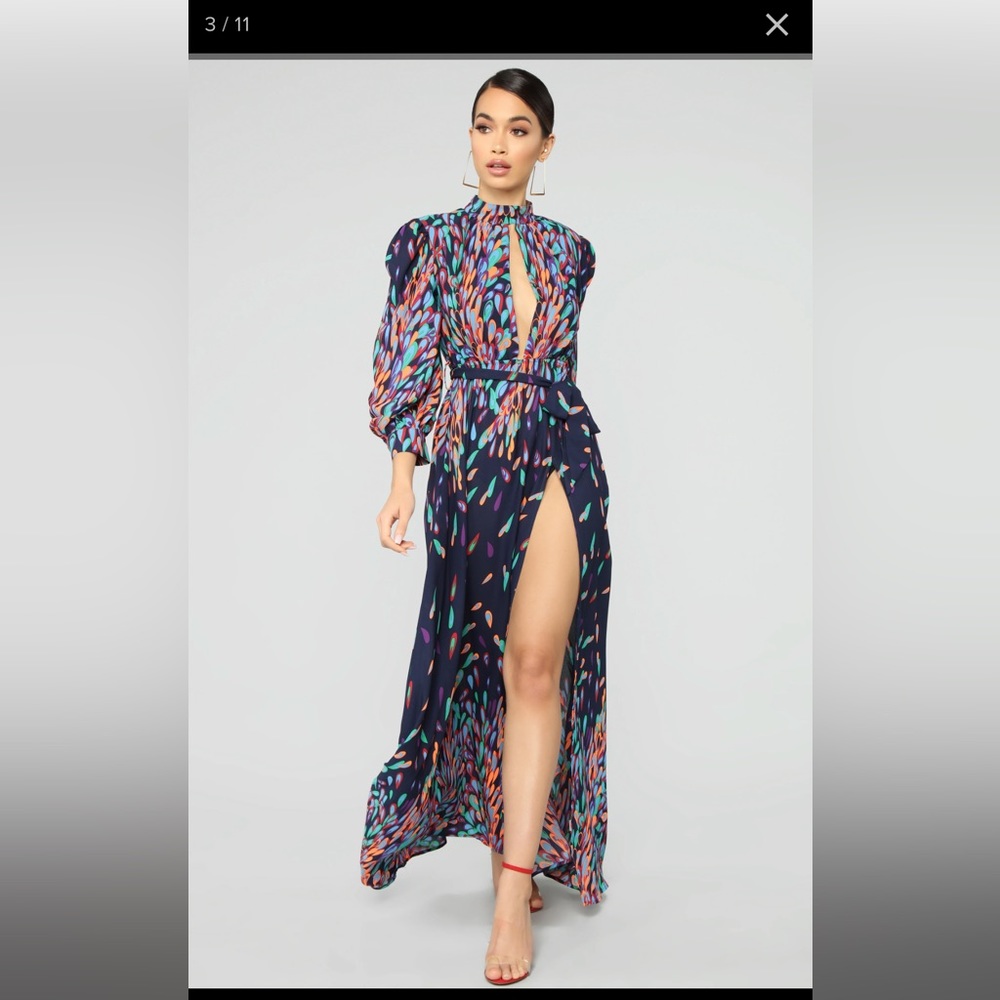 NWT Fashion nova maxi dress multi colored feathers